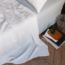 Drap Plat En Lin Lavé - Rayures Chemise Gris Vésuve