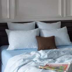 Drap Plat En Lin Lavé - Rayures Chemise Bleu Tyrrhénien -Décoration D'intérieur EL AH234845 68d3173a 8d51 41b5 afad 8b8f94e92879