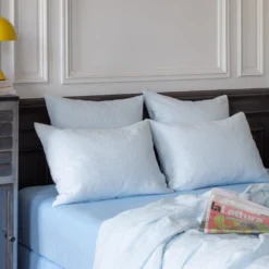 Taie D'oreiller En Lin Lavé - Rayures Chemise Bleu Tyrrhénien -Décoration D'intérieur EL AH234852