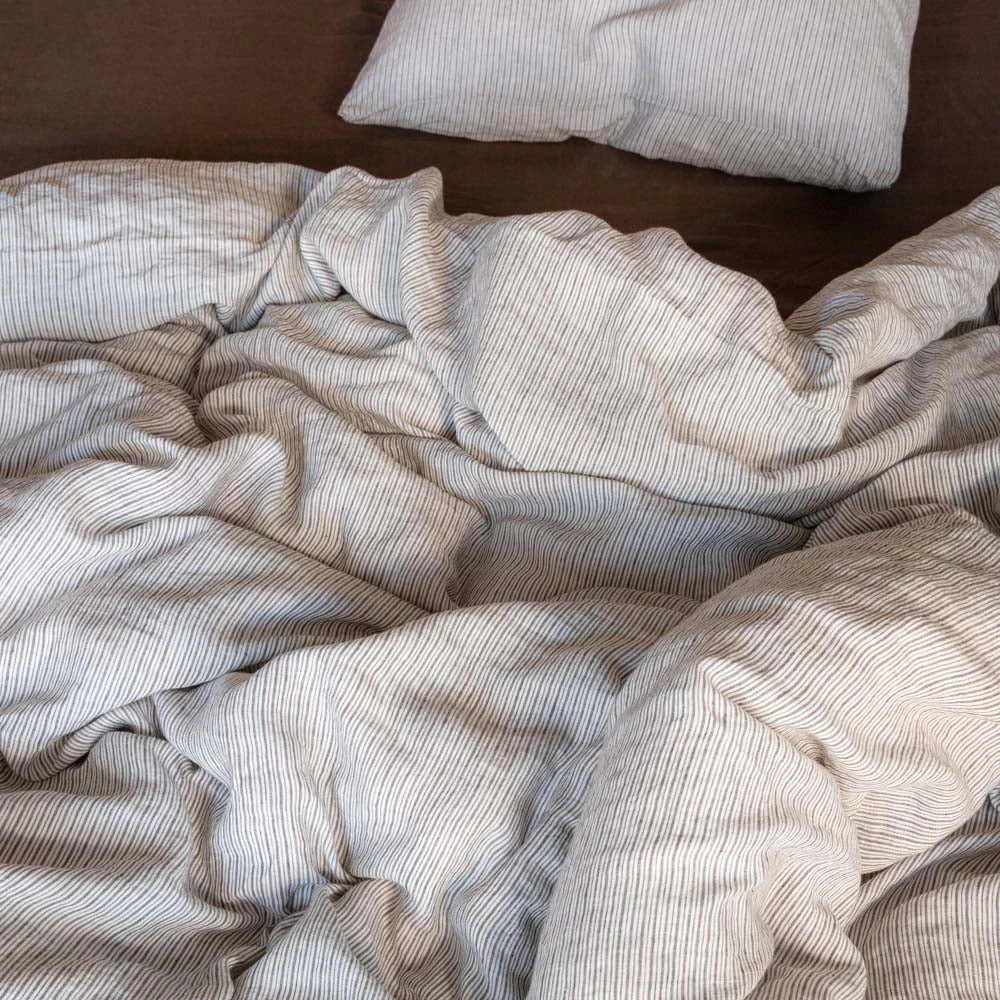Housse De Couette En Lin Lavé - Rayures Chemise Brun Posillipo 2 Housse De Couette En Lin Lavé - Rayures Chemise Brun Posillipo – Image 2