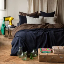 Housse De Couette En Lin Lavé - Bicolore Bleu Encre & Marron -Décoration D'intérieur LINGE DU LIT 230320230683 BD 40f507f6 96a4 4f9b 84bc 080a61224ef8