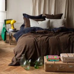 Housse De Couette En Lin Lavé - Bicolore Bleu Encre & Marron