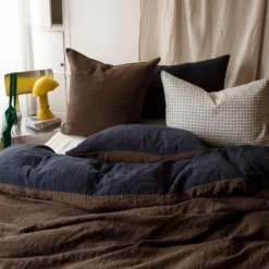 Taie D'oreiller En Lin Lavé - Bicolore Bleu Encre & Marron -Décoration D'intérieur LINGE DU LIT 230320230703 BD 7760bf39 6385 48ab 917c 1f2b3318016f