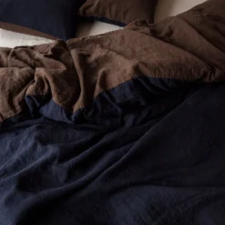 Housse De Couette En Lin Lavé - Bicolore Bleu Encre & Marron -Décoration D'intérieur LINGE DU LIT 230320230710 BD