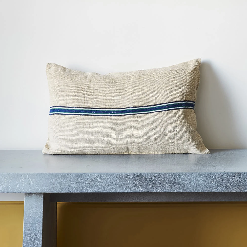 Coussin En Lin Ancien - Rayures Bleu & Vert 1 Coussin En Lin Ancien - Rayures Bleu & Vert